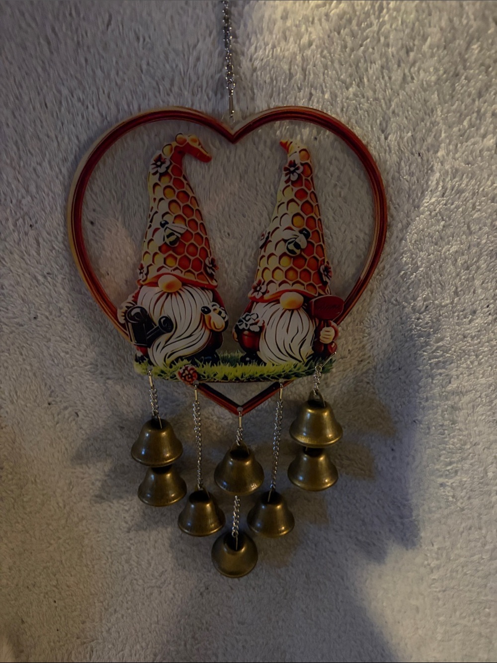 Red Gnome Heart Hanging with Brass Bells